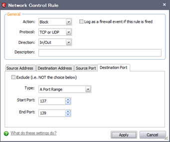 [Destination Port]タブの内容を変更して[Apply]をクリック