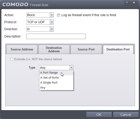 [Destination Port] の「Type:」を「A Port Range」に変更