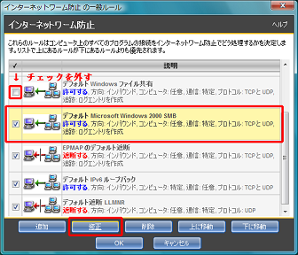 「デフォルト Windows ファイル共有」のチェックを外し、「デフォルト Microsoft Windows 2000 SMB」で [修正] をクリック